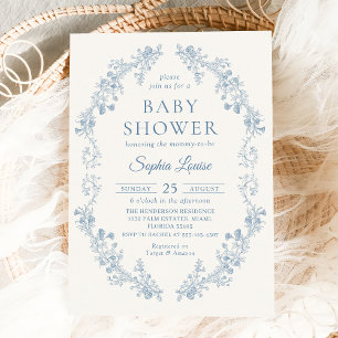 Blue Toile Floral Chinoiserie Baby Shower Invitation