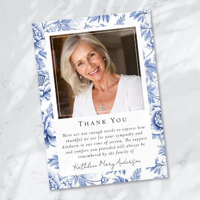 Blue Toile Floral Funeral Memorial  Thank You Card (Creator Uploaded)