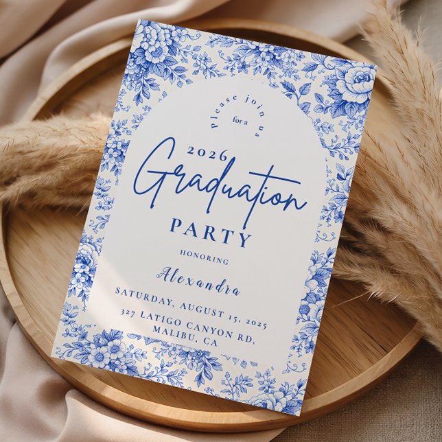 Blue Toile Floral Graduation Party Invitation (Creator Uploaded)