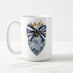 Blue Toile Floral Heart Navy Stripe Bow Coffee Mug