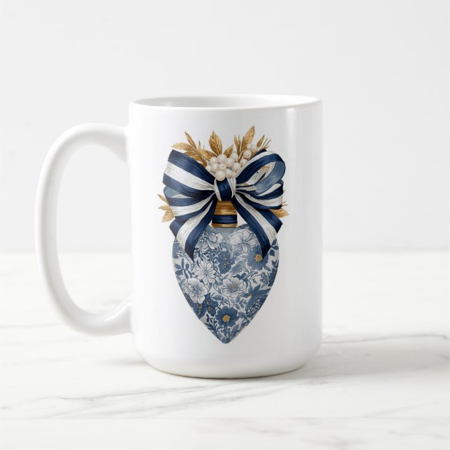 Blue Toile Floral Heart Navy Stripe Bow Coffee Mug (Left)
