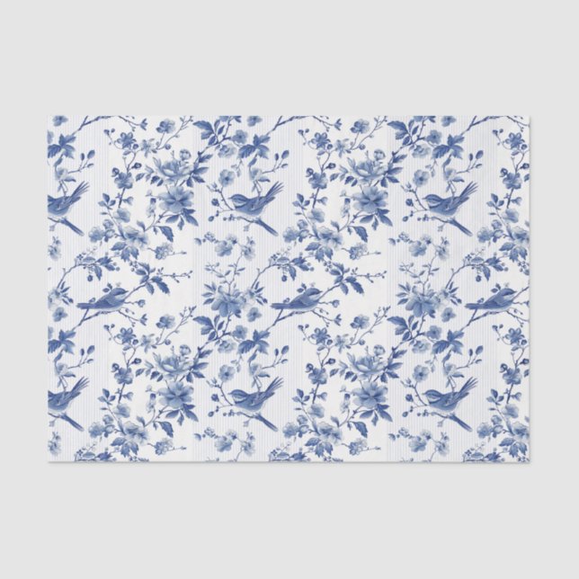 Blue Toile Floral Pattern with Birds & Stripes Tissue Paper (Front)