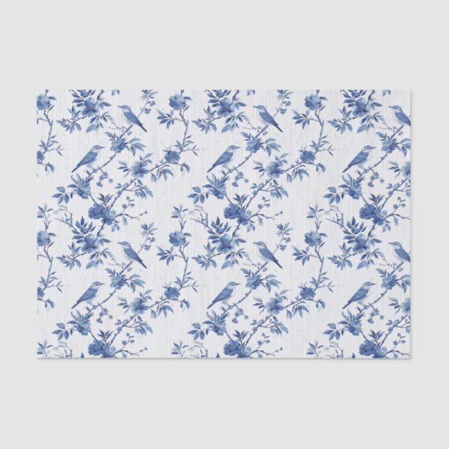 Blue Toile Floral Pattern with Birds Tissue Paper (Front)