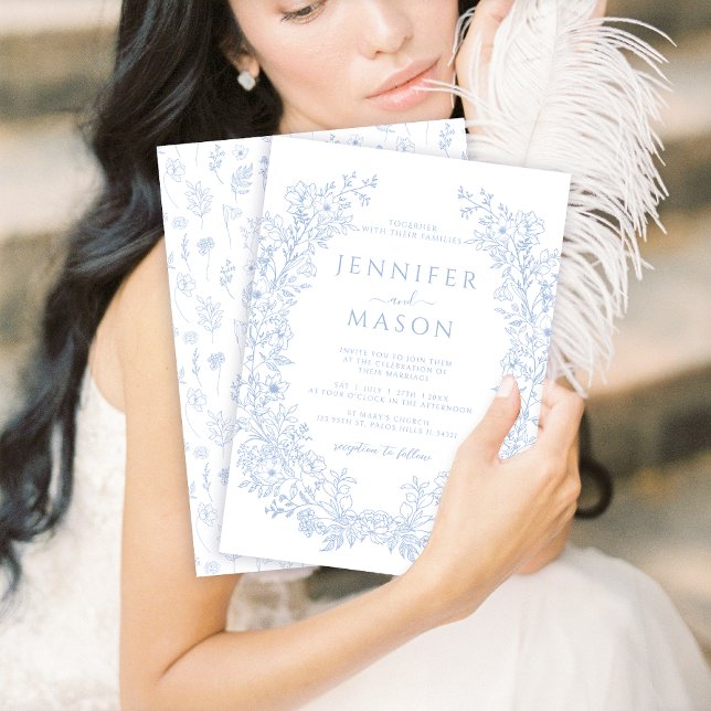 Blue Toile Floral Wreath Bohemian Classic Wedding Invitation (Creator Uploaded)