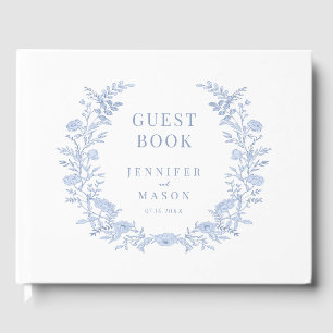 Blue Toile Floral Wreath Wedding Guest Book