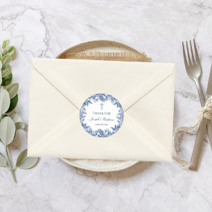 Blue Toile Flower Baptism Classic Round Sticker