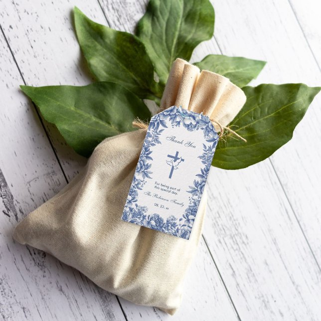 Blue Toile Flower Baptism Gift Tag (Creator Uploaded)
