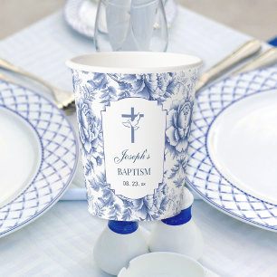 Blue Toile Flower Baptism Paper Cup