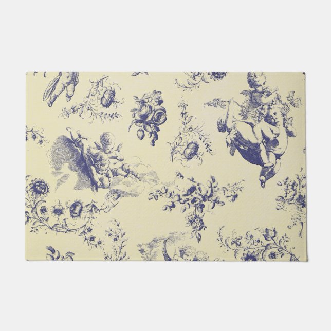 Blue Toile French Country Cherub Pattern Doormat (Front)