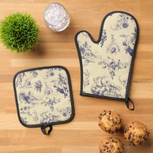 Blue Toile French Country Cherub Pattern Oven Mitt & Pot Holder Set