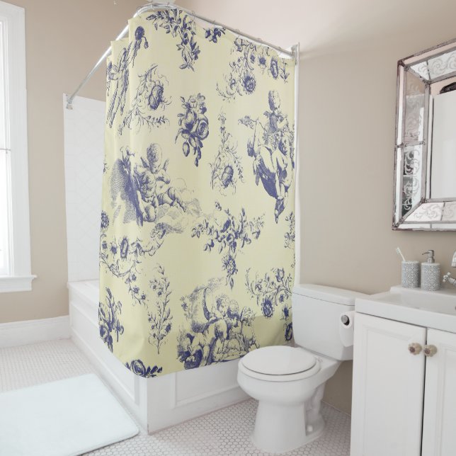 Blue Toile French Country Cherub Pattern Shower Curtain (In Situ)