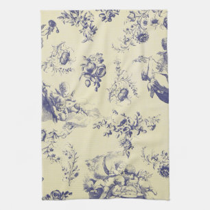 Blue Toile French Country Cherub Pattern Tea Towel