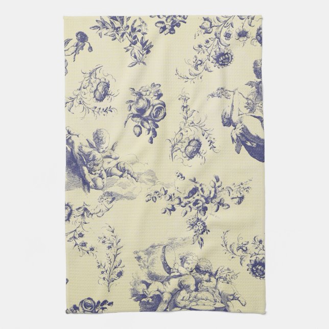 Blue Toile French Country Cherub Pattern Tea Towel (Vertical)