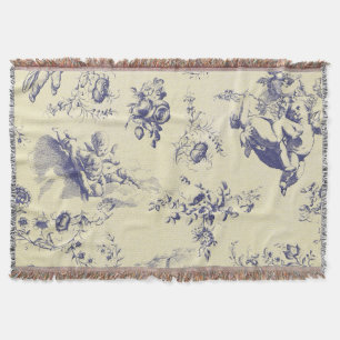 Blue Toile French Country Cherub Pattern Throw Blanket