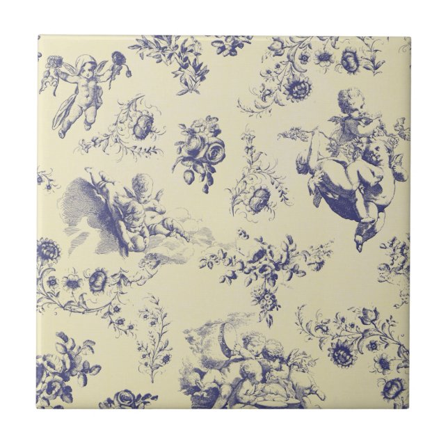 Blue Toile French Country Cherub Pattern Tile (Front)