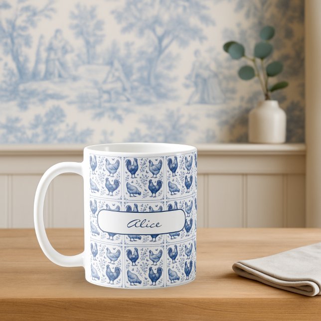 Blue Toile French Country Farmhouse Chicken Mug (Personalized Blue Toile Chicken Mug French Country Farmhouse Coffee Cup)