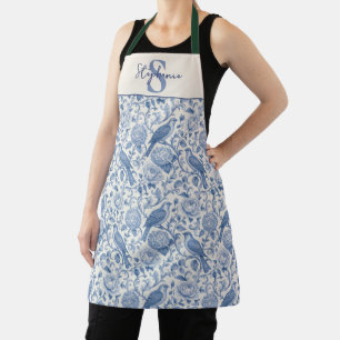 Blue Toile French Monogram Name Floral Pattern Apron
