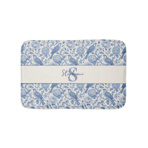 Blue Toile French Monogram Name Floral Pattern Bath Mat