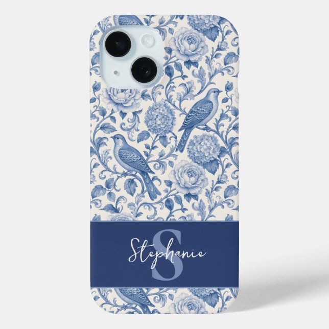 Blue Toile French Monogram Name Floral Pattern Case-Mate iPhone Case (Back)