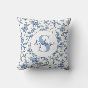 Blue Toile French Monogram Name Floral Pattern Cushion