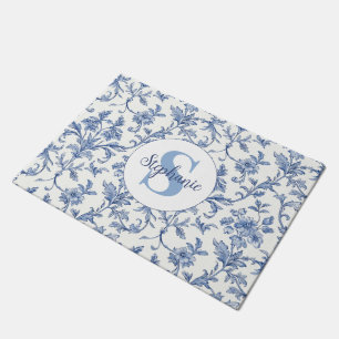 Blue Toile French Monogram Name Floral Pattern Doormat