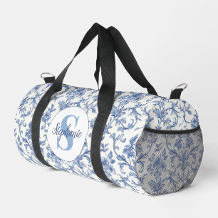 Blue Toile French Monogram Name Floral Pattern Duffle Bag