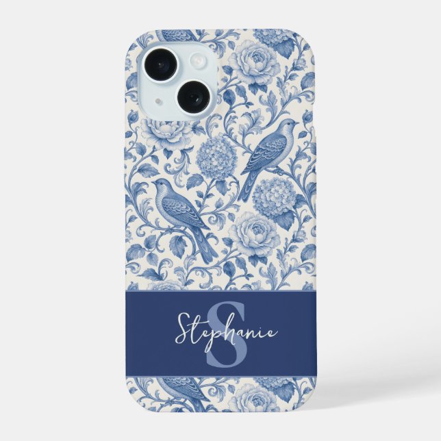 Blue Toile French Monogram Name Floral Pattern iPhone 15 Case (Back)