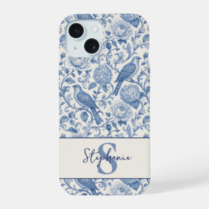 Blue Toile French Monogram Name Floral Pattern iPhone 15 Case
