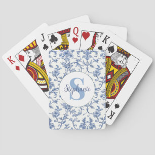 Blue Toile French Monogram Name Floral Pattern Playing Cards
