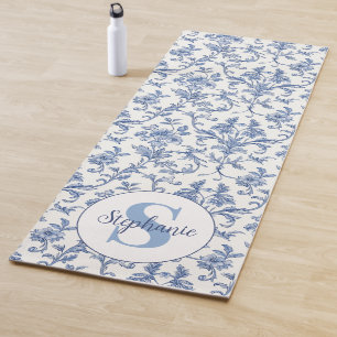 Blue Toile French Monogram Name Floral Pattern Yoga Mat