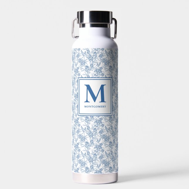 Blue Toile French Monogram Name Water Bottle (Front)