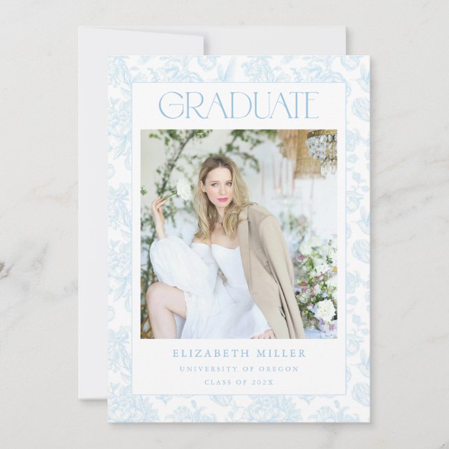 Blue Toile Graduation Announcement Card Invite (Front)