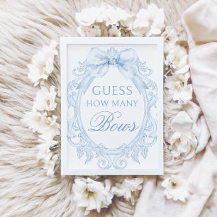 Blue Toile How Many Bows Baby Shower Games Sign Invitation