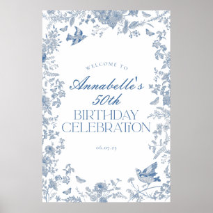 Blue Toile Jouy Floral Birthday Party Welcome Sign