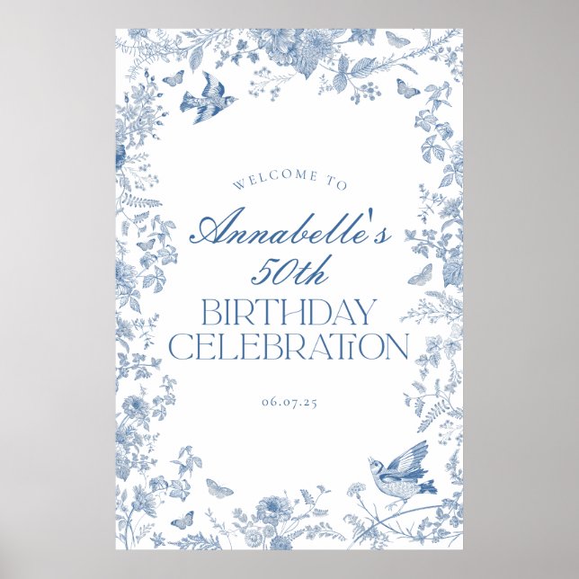 Blue Toile Jouy Floral Birthday Party Welcome Sign (Front)