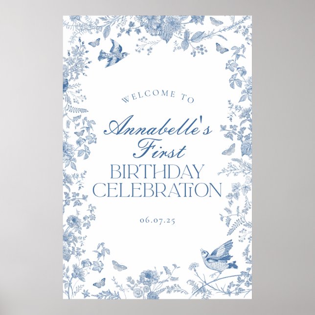 Blue Toile Jouy Floral Birthday Party Welcome Sign (Front)