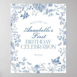 Blue Toile Jouy Floral Birthday Party Welcome Sign