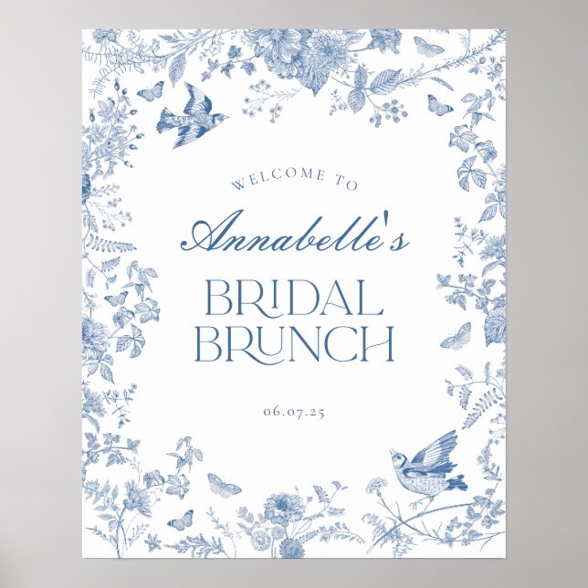 Blue Toile Jouy Floral Bridal Brunch Welcome Sign (Front)
