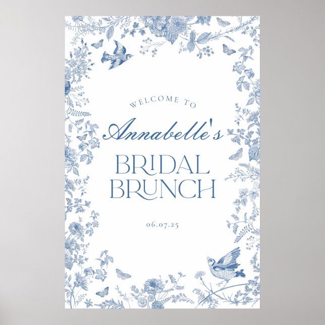 Blue Toile Jouy Floral Bridal Brunch Welcome Sign (Front)