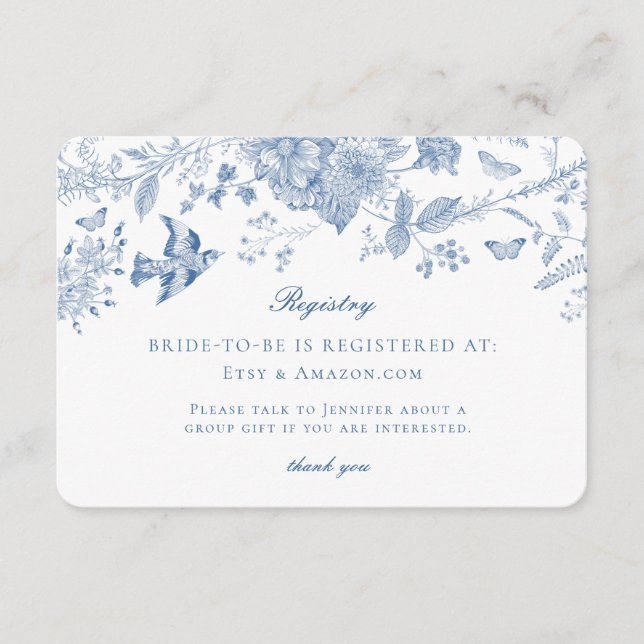 Blue Toile Jouy Registry Card Invitation Insert (Front)