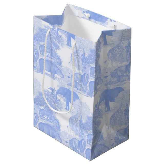 Blue Toile Jungle Animals Safari Chinoiserie Medium Gift Bag (Front Angled)