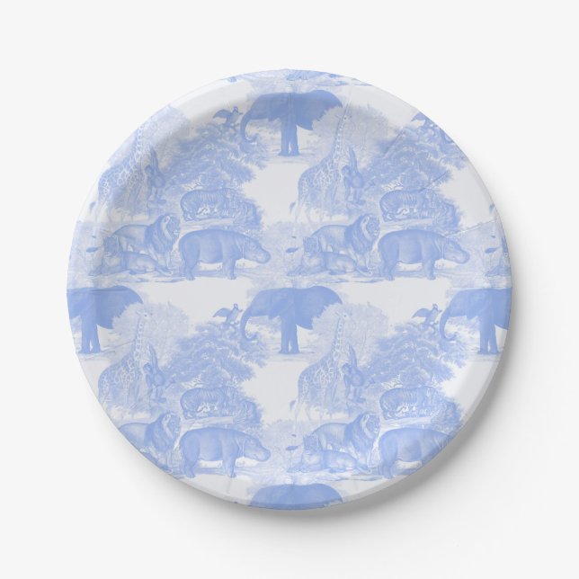 Blue Toile Jungle Animals Safari Chinoiserie Paper Plate (Front)