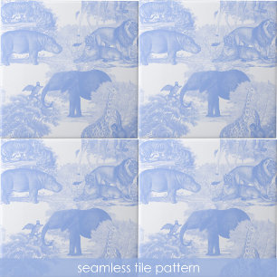 Blue Toile Jungle Animals Safari Seamless Pattern Tile