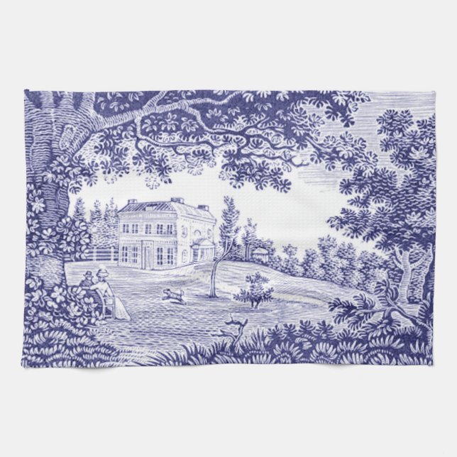 Blue Toile Kitchen Towel - French Country Decor (Horizontal)