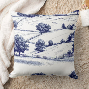 Blue Toile Landscape French Pastoral Scenes Cushion