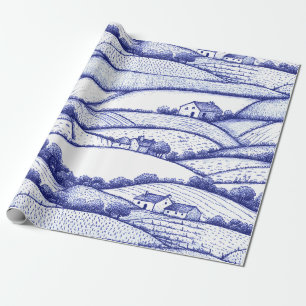 Blue Toile Landscape French Pastoral Scenes Wrapping Paper