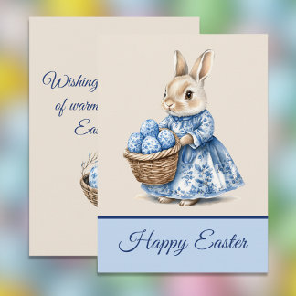 Blue Toile Mother Rabbit n Basket of Easter Eggs   Holiday Card