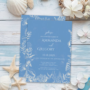 Blue Toile Ocean themed Wedding Invitation
