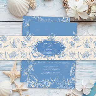 Blue Toile Ocean themed Wedding Invitation Belly Band
