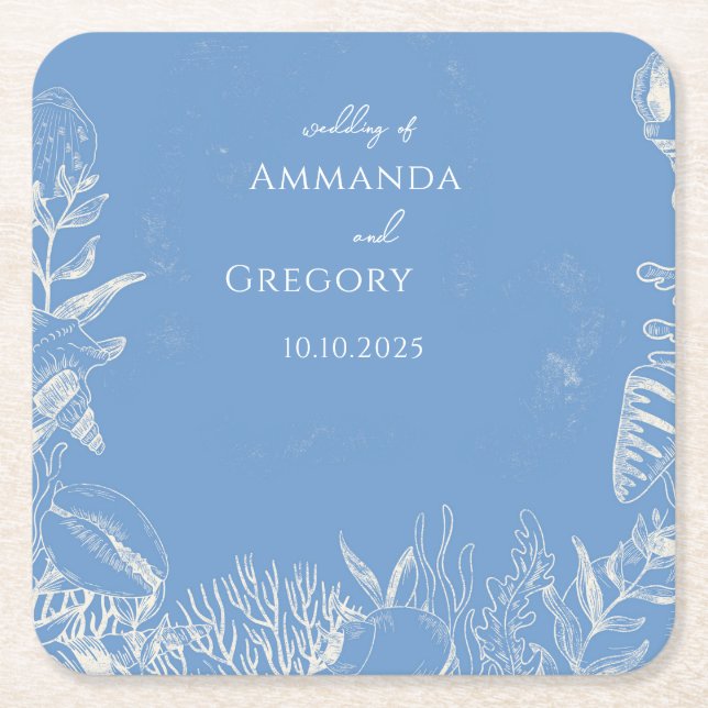 Blue Toile Ocean themed Wedding Square Paper Coaster (Front)